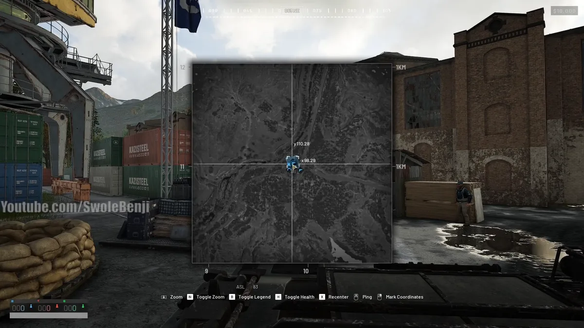 The WARDOGS map open with the player position reading x98.29 and y110.28, kilometre grid lines labelled 9 and 10 across the bottom and 11 and 12 up the side