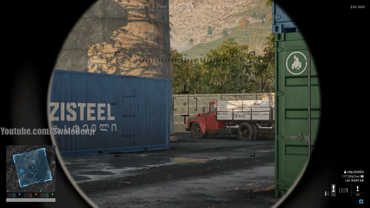 The mortar sight in WARDOGS with the range ladder marked down the left of the scope and the L81 mortar shell count in the corner