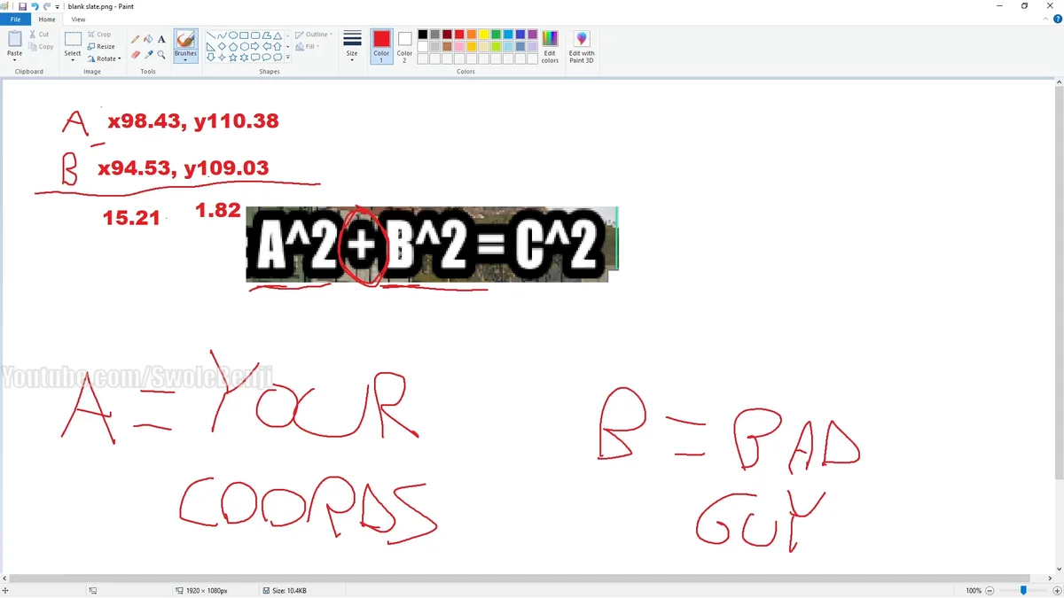 SwoleBenji's worked example on screen: A at x98.43 y110.38, B at x94.53 y109.03, the squared values 15.21 and 1.82, and a calculator showing their sum of 17.03